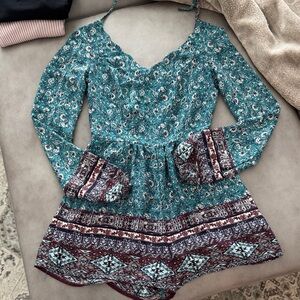 Xhilaration Teal and Burgundy Floral Romper